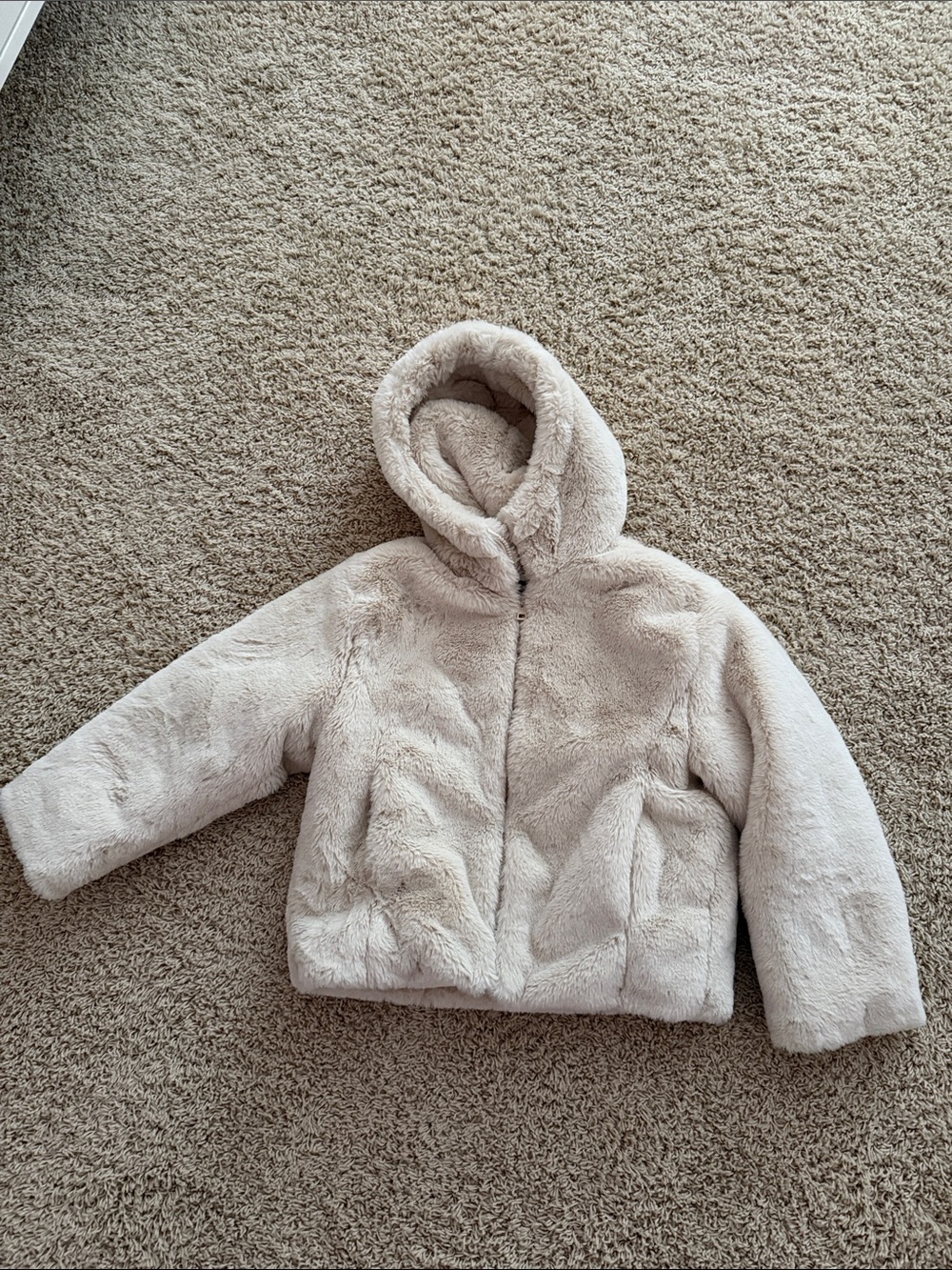 Zara Kids Plush Hooded Faux Fur Jacket - Light Beige